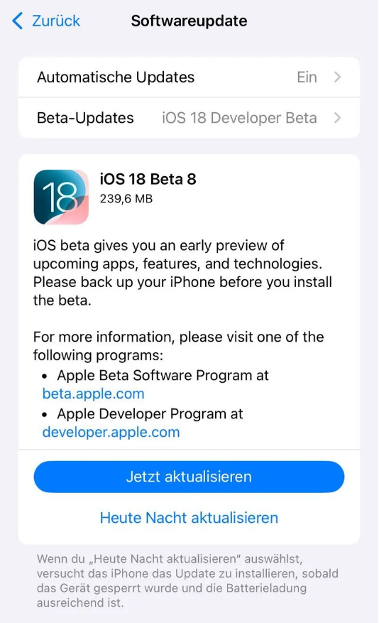 新津苹果手机维修分享苹果 iOS / iPadOS 18 开发者预览版 Beta 8 发布 